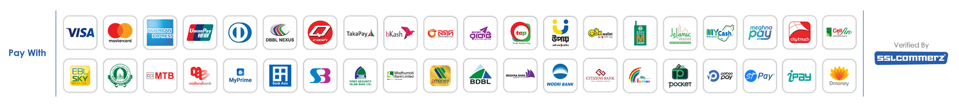 Accepted Payment Methods - Visa, Mastercard, American Express, UnionPay, bKash, Rocket, Nagad, and more